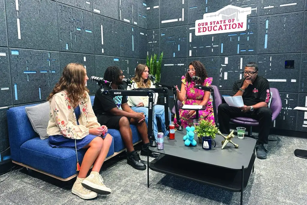 Angelique Power, president & CEO of The Skillman Foundation, interviewing three Michigan high school students—Leela Dahabra, Grace Geresy and Messiah Bethel—for an episode of the Foundation’s radio show and podcast, Our State of Education, with WJR’s Lloyd Jackson.